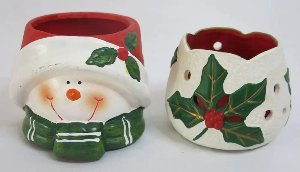 CHRISTMAS 2 Holiday Candle Holders Snowman Holly Berry Votive Winter Candles